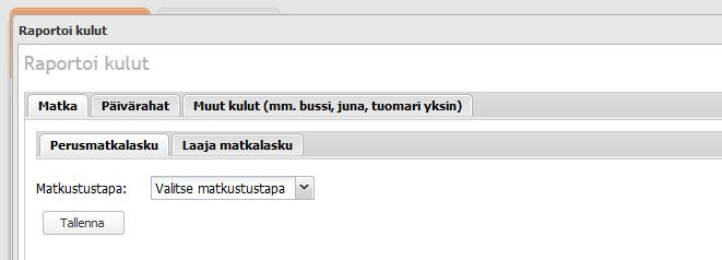 MATKALASKUN NÄKYMÄ Matkalaskussa on kolme eri välilehteä, joilla raportoidaan eri asioista. Matka = kilometrikorvausten rapotointi, kun on käytetty oma kulkuneuvoa; auto, mopo, mopoauto jne.