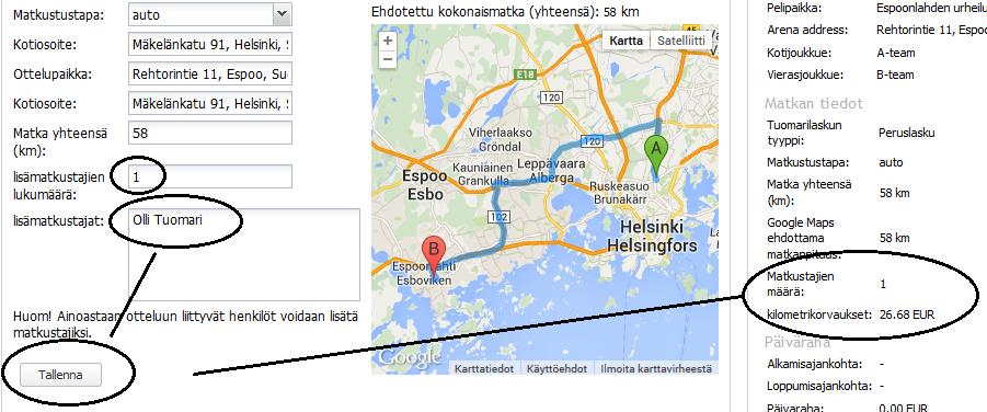 matka, esimerkissä 58 km ja järjestelmä laskee automaattisesti matkasta maksettavan kilometrikorvauksen, esimerkissä 24,94.