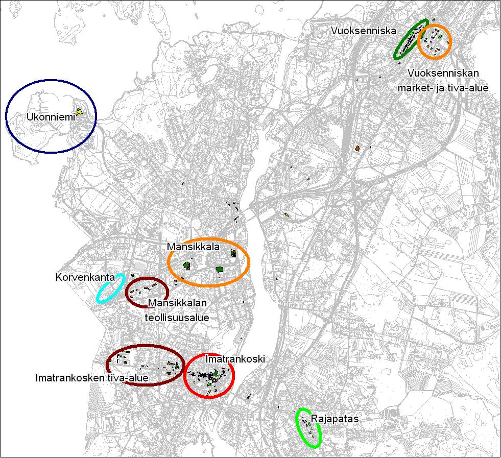 Kaupallisten vaikutusten arviointi 9 Imatran kaupalliset keskittymät 2020 Lähde: Santasalo Ky, Imatran keskusta-alueiden kaupallinen kehittäminen 2007