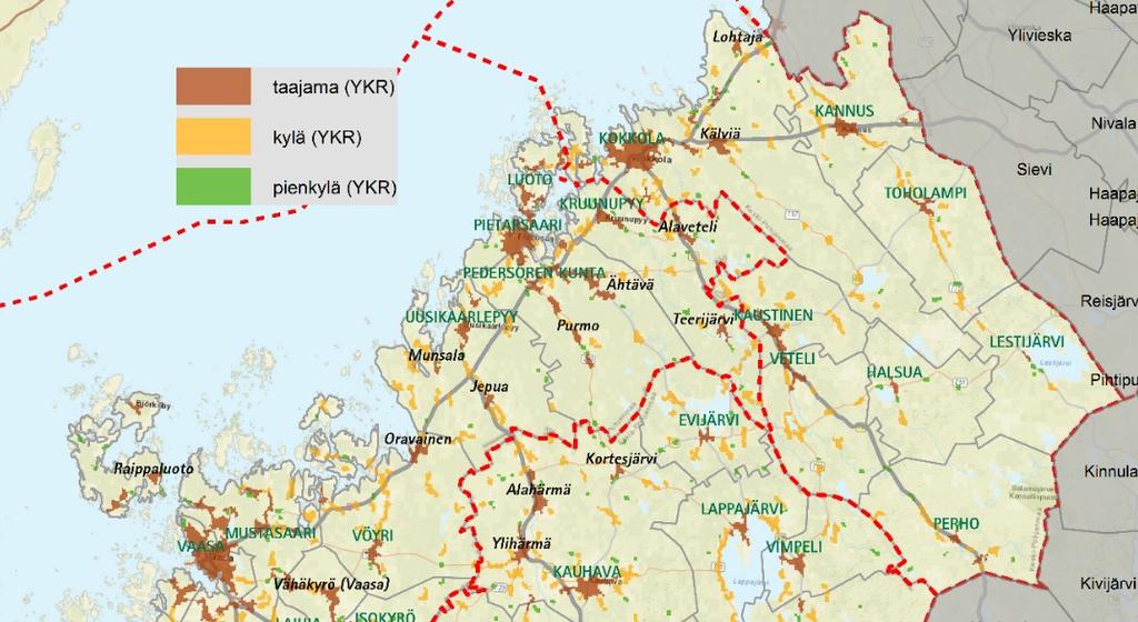 Taulukko 1 Asukasmäärät suurimmissa kunnissa 2016 Kunta Maakunta Asukkaita 2016 Yli 50 000 asukasta Vaasa Pohjanmaa 67 620 Seinäjoki