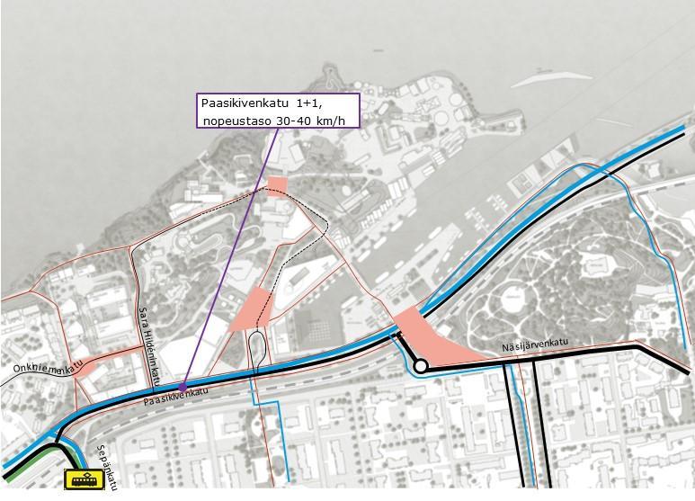 LIIKENNEVERKKO Paasikivenkatua Sepänkadun itäpuolella kehitetään hitaan liikkumisen alueena, jossa autoliikenteen nopeustaso on enintään 40 km/h Kadun linjaus säilyy nykyisellään Katu kavennetaan