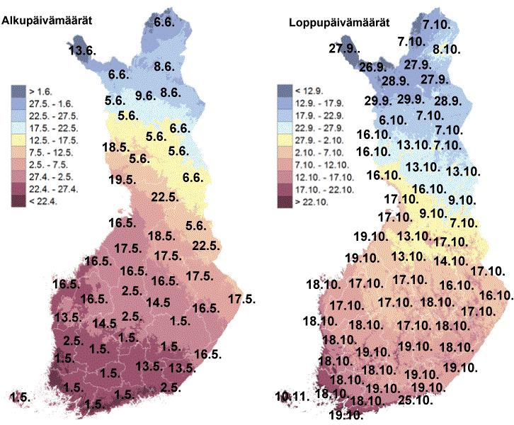 KUVA 2. Kasvukauden alkamis- ja loppumispäivämäärät (Ilmatieteenlaitos, 2018) Kolmannella viljelyvyöhykkeellä kasvukausi alkaa keskimäärin toukokuun ensimmäisen viikon aikana.