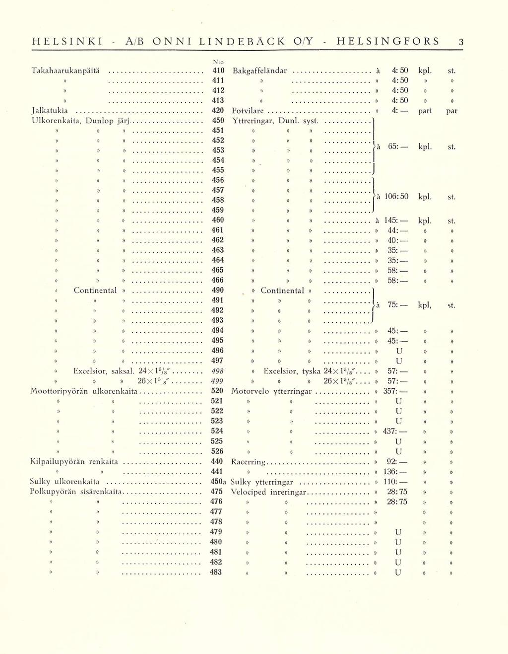 ,, ONNI LINDEBÄCK OI Y N;o Takahaarukanpäitä 410 Bakgaffeländar å 4:50 kpl. st. i> 411 o 4:50 412 4:50 413 4:50 Jalkatukia 420 Fotvilare 4; pari par Ulkorenkaita, Dunlop järj 450 Yttreringar, Dunl.