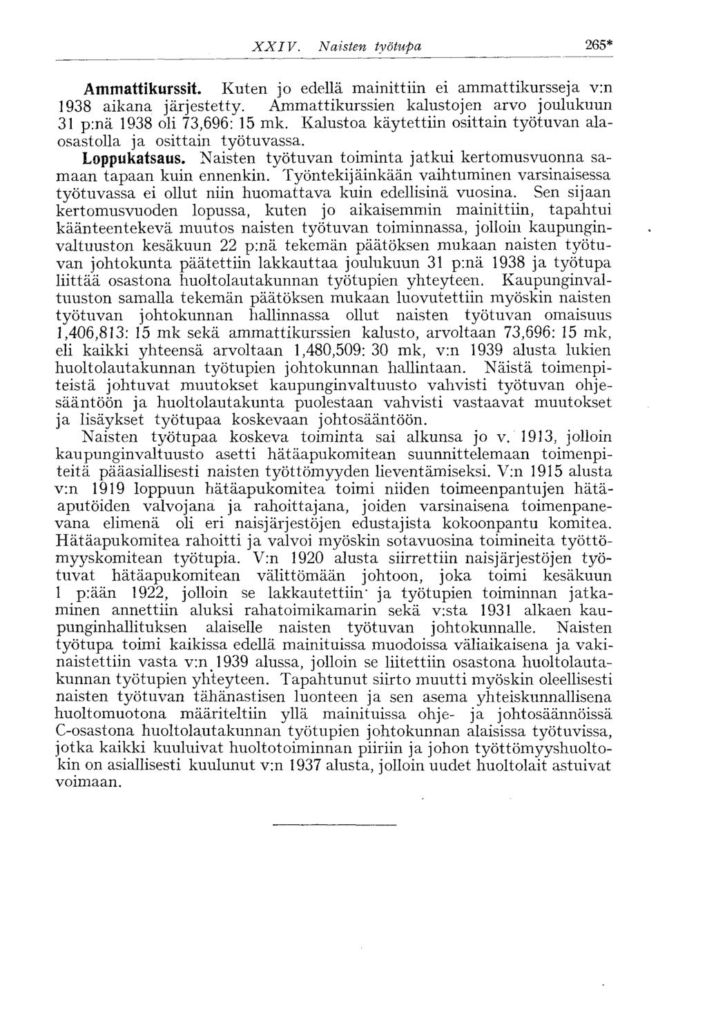 A m m a t t i k u r s s i t. XXI V. Naisten työtupa 265* Kuten jo edellä mainittiin ei ammattikursseja v:n 1938 aikana järjestetty.