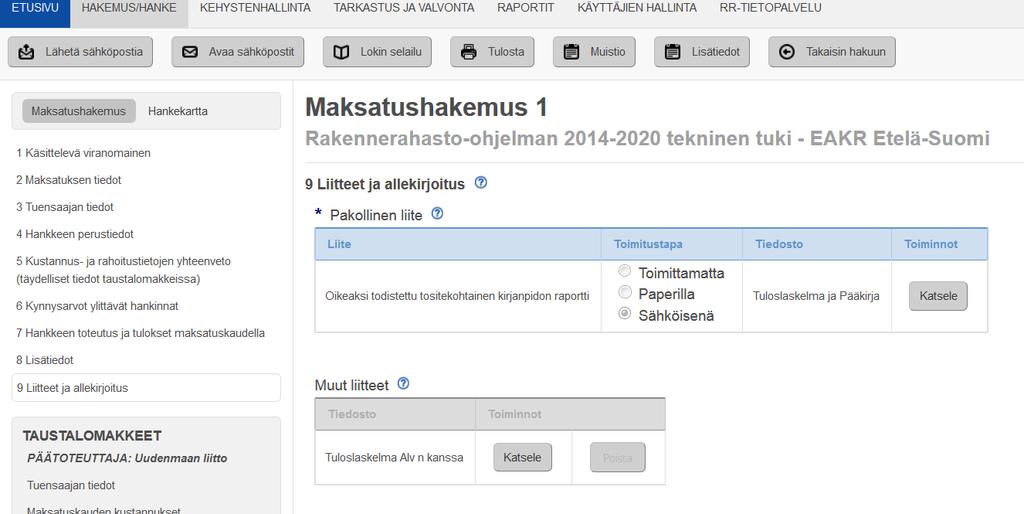 Liitteiden lisääminen EURAan/päähakemus Päätoteuttajan kirjanpito 10 Muut liitteet: