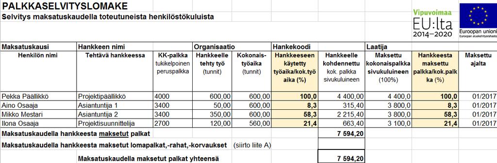 Palkkakustannusten raportointi - palkkaselvityslomake Koonti maksatuskauden palkoista henkilöittäin Huom!