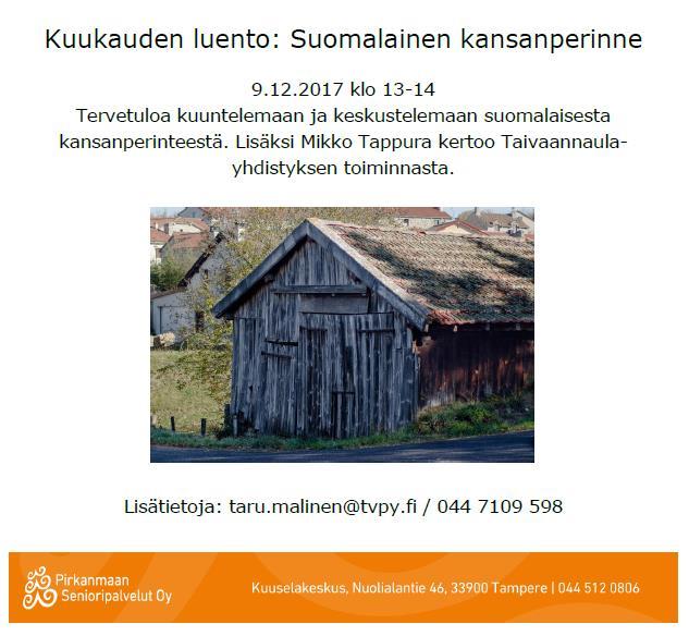 SU 09.12. Luento: Suomalainen kansanperinne (Härmäläsali 1.