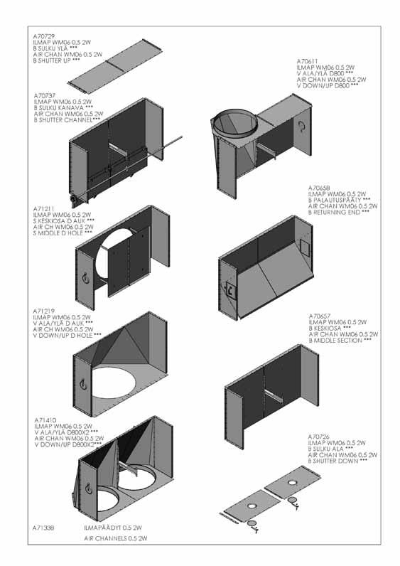 Ilmapäädyt W 0, Harjarivin sulut A0 Ilmapäädyt A0 - yläsulku B A0 - kanavasulku B A0 - alaosa / yläosa V Ø 00 mm A - keskiosa S Ø 00 mm A0