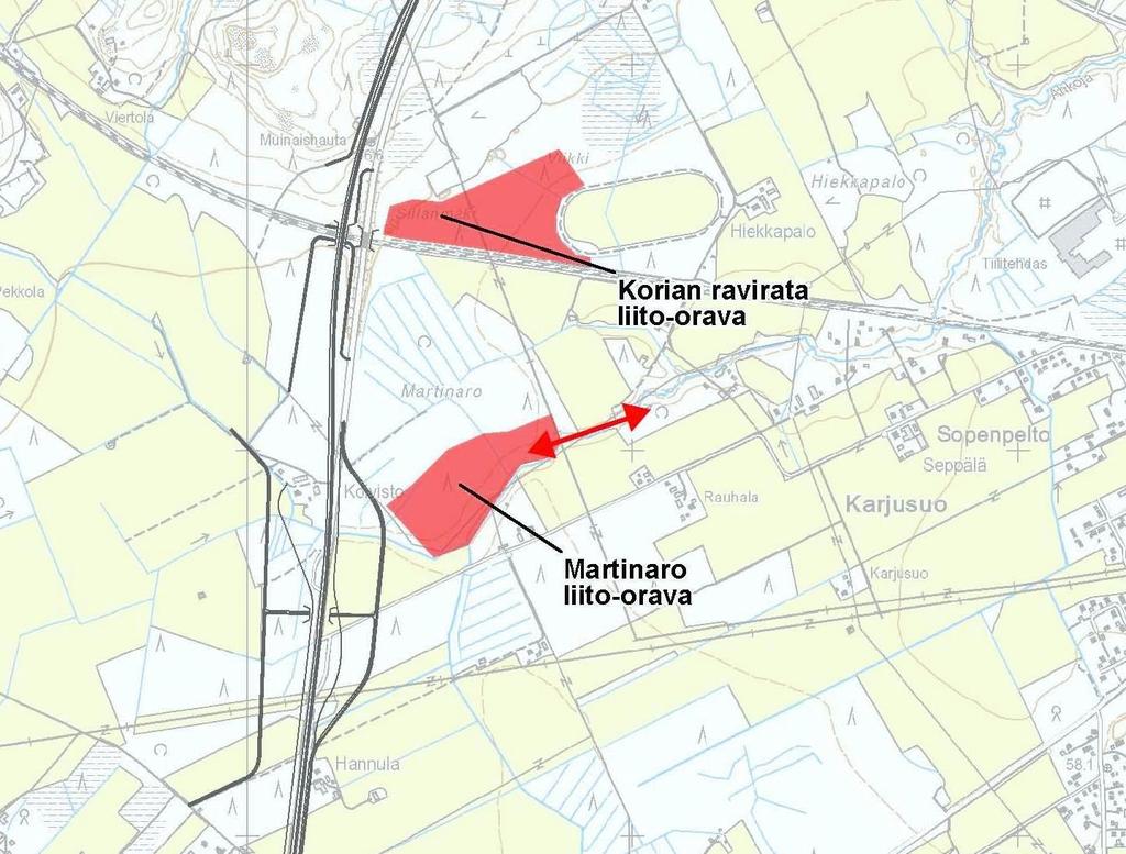 Korian ravirata liito-orava (kartta 2) Liito-oravan elinalue löytyi keväällä 2014 ratavarren hakkuisiin liittyvässä luontoselvityksessä (Parkko 2014).