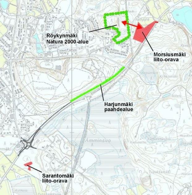 Kartta 7. Valkealan kk:n tuntumassa olevia luontokohteita. Päätelmät ja suositukset: Liito-oravalle sopiva metsä jatkuu Mikkelintien itäpuolella, joten alueella on kulkuyhteystarve tien yli.