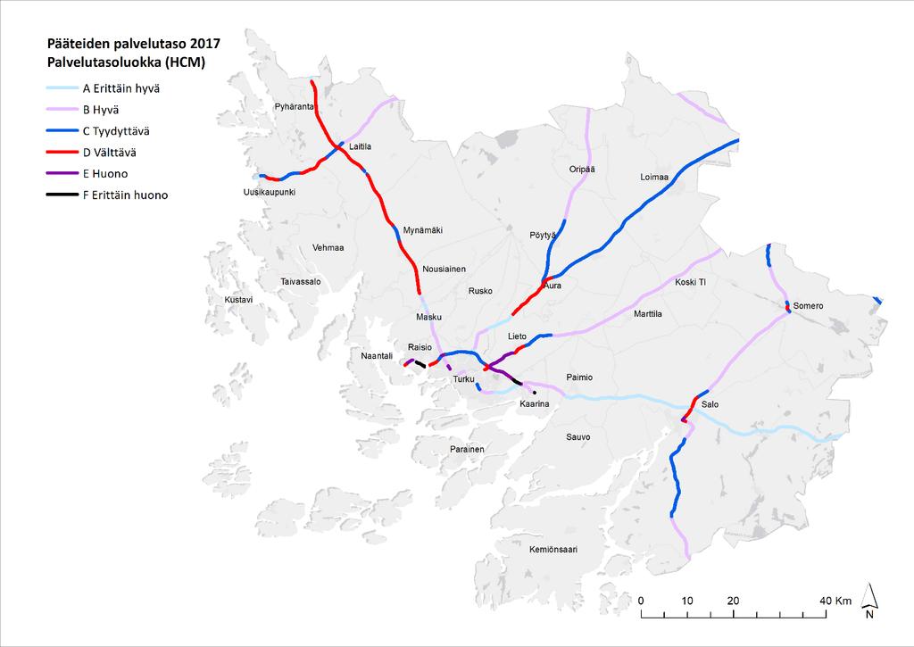 4.2.3. Pääteiden liikenteen toimivuus Tieliikenteen toimivuutta kuvaa tien liikenteellinen palvelutaso (ruuhkautuminen), jota voidaan mitata HCM-menetelmän mukaisesti asteikolla A-F.