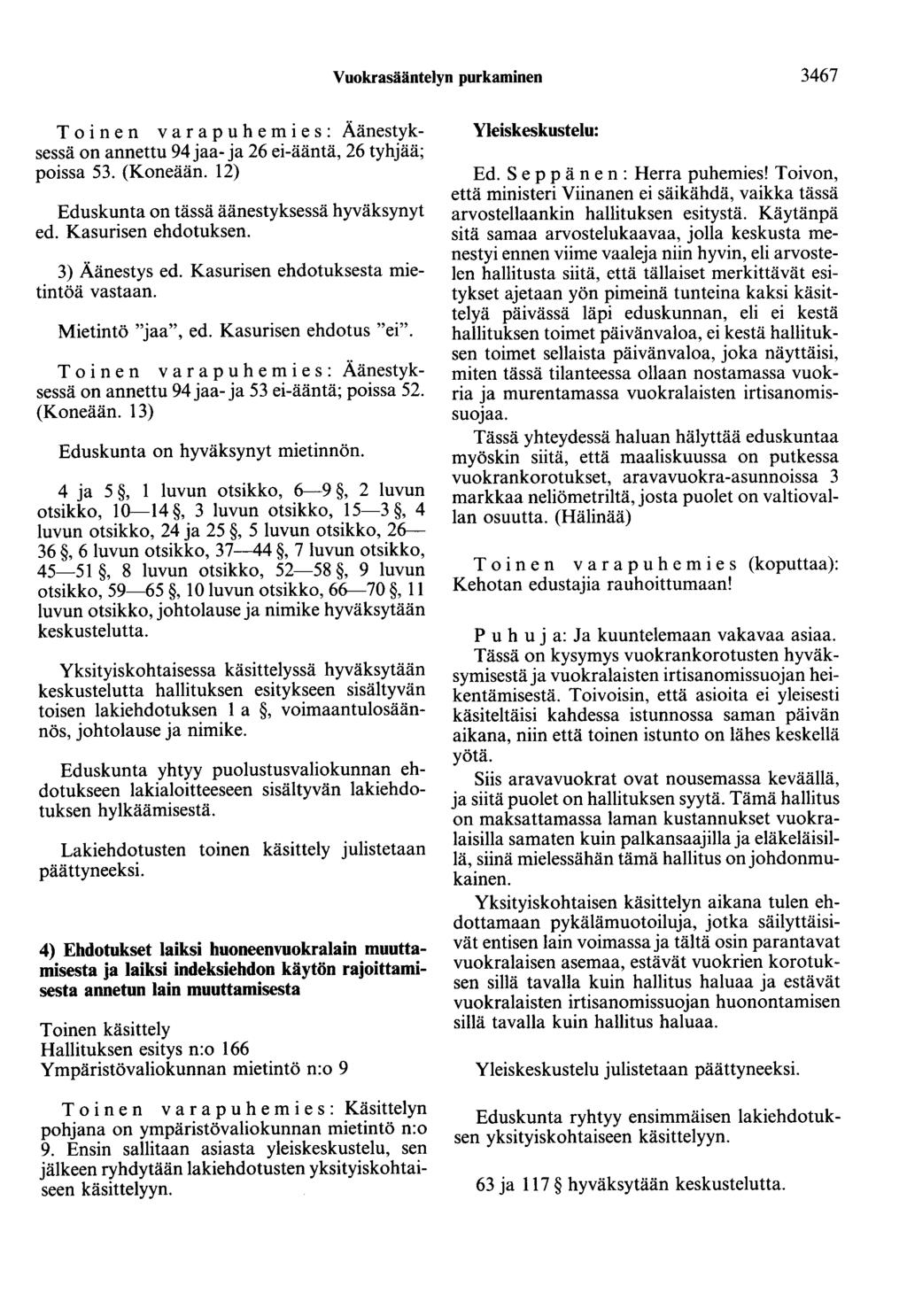 Vuokrasääntelyn purkaminen 3467 on annettu 94 jaa- ja 26 ei-ääntä, 26 tyhjää; poissa 53. (Koneään. 12) Eduskunta on tässä äänestyksessä hyväksynyt ed. Kasurisen ehdotuksen. 3) Äänestys ed.