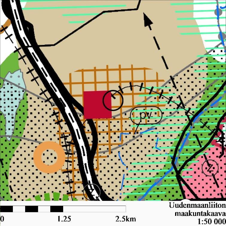 Osallistumis- ja arviointisuunnitelma nro 232500, 24.9.2018 sivu 3 Maakuntakaavatilanne Ote maakuntakaavojen yhdistelmästä. Suunnittelualueen sijainti on merkitty valkoisella viivalla.