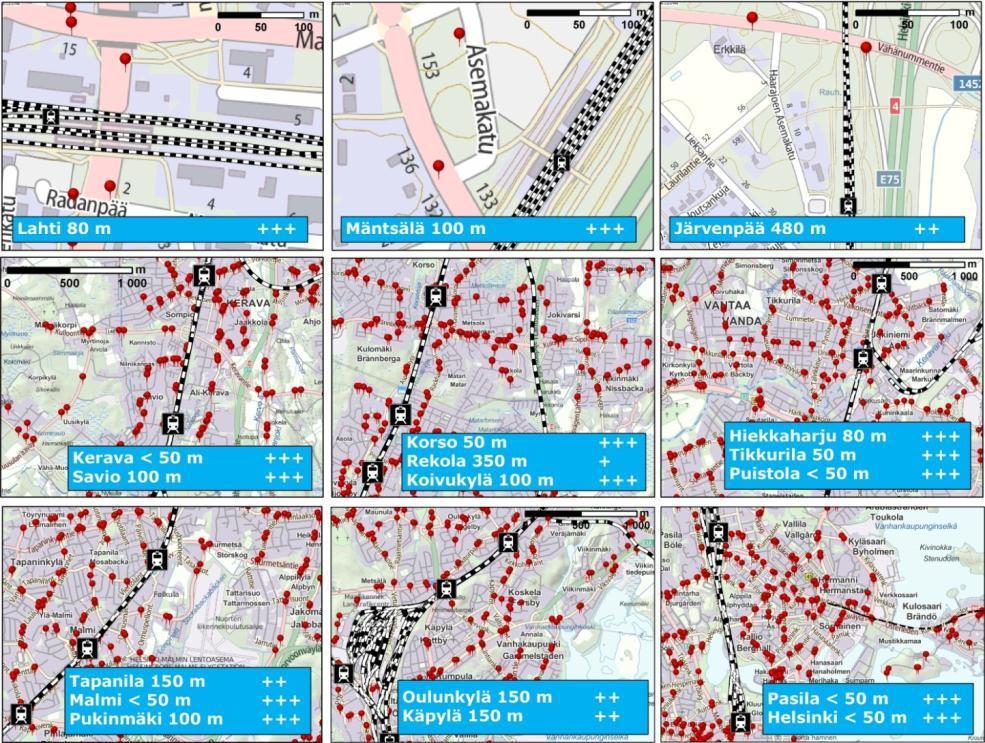 Käytettävyys Tarkastellulla yhteysvälillä bussipysäkkien ja juna-aseman keskinäinen etäisyys tukee yhteiskäyttöisyyttä kaikilla asemilla.