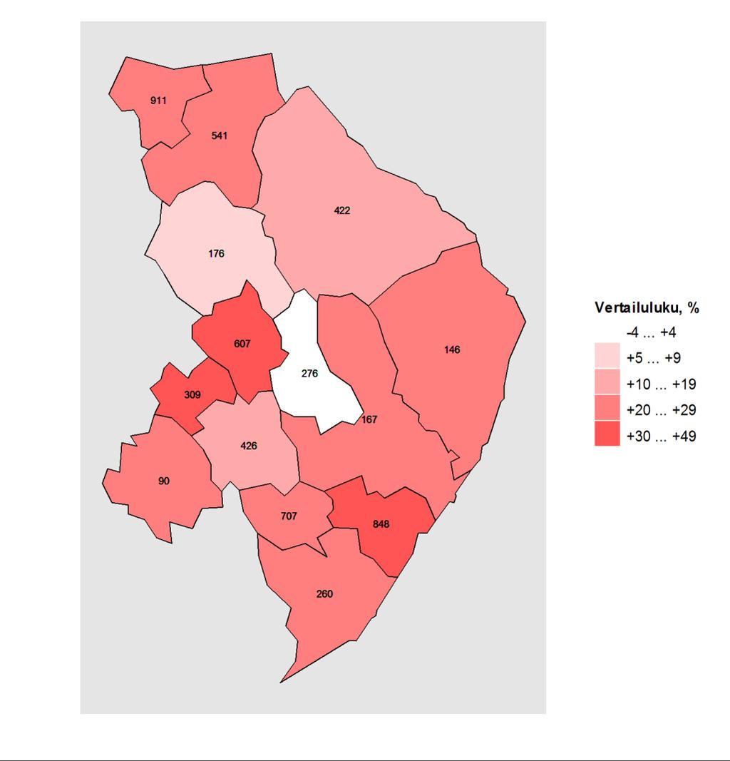 Kartta 1. Vammojen ja myrkytysten aiheuttamat hoitojaksot alueen kunnissa vuosina 2011 2015, vertailutiedot koko maan tilanteeseen. Kartta: Maanmittauslaitoksen Yleiskartta 1:4 500 000, 2011.