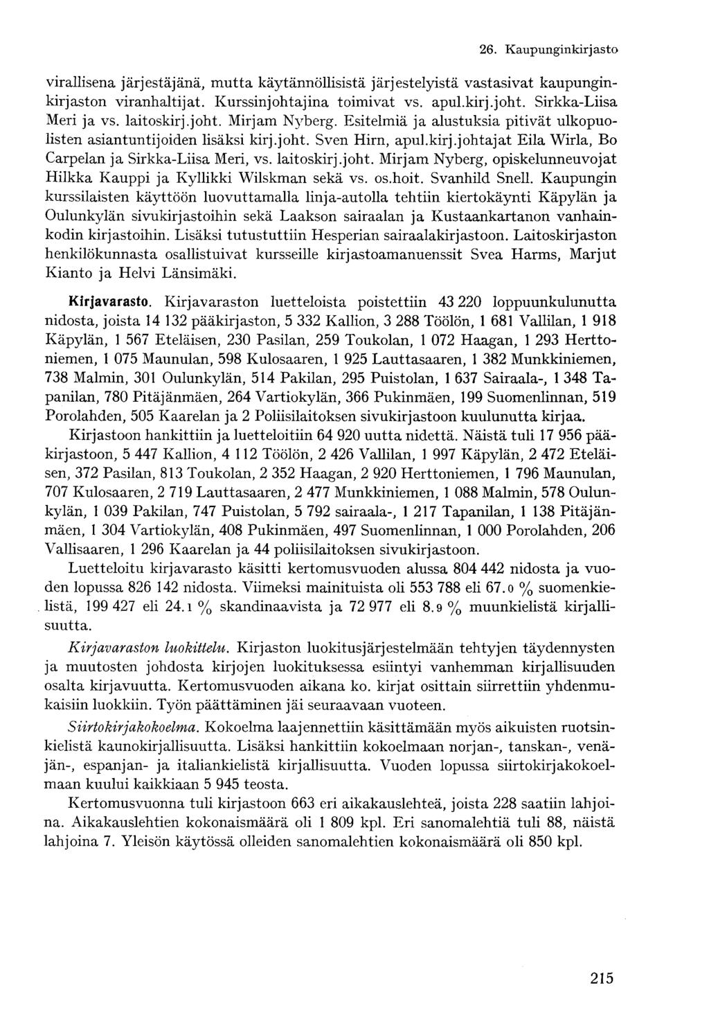 virallisena järjestäjänä, mutta käytännöllisistä järjestelyistä vastasivat kaupunginkirjaston viranhaltijat. Kurssinjohtajina toimivat vs. apul.kirj.joht. Sirkka-Liisa Meri ja vs. laitoskirj.joht. Mirjam Nyberg.