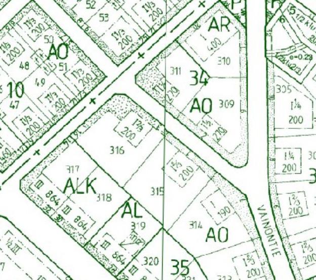 (AO). Suurin sallittu rakentamisen määrä on 200 kerrosneliömetriä (k-m²). Kerroslukumerkintä on I 2/3. Rakennusala on merkitty tontin koillisosaan.