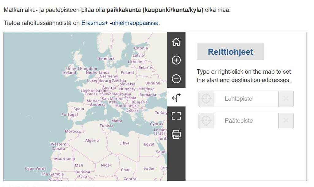 Käytä etäisyyslaskuria https://ec.europa.