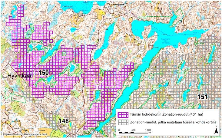 Hyvinkää, Zonation-aluetunnus 150 HYVINKÄÄ (150) Laaja alue sijaitsee Hyvinkään luoteisosassa Kytäjärven ja Hirvijärven välissä kallioisella, pääosin asumattomalla metsäylängöllä.
