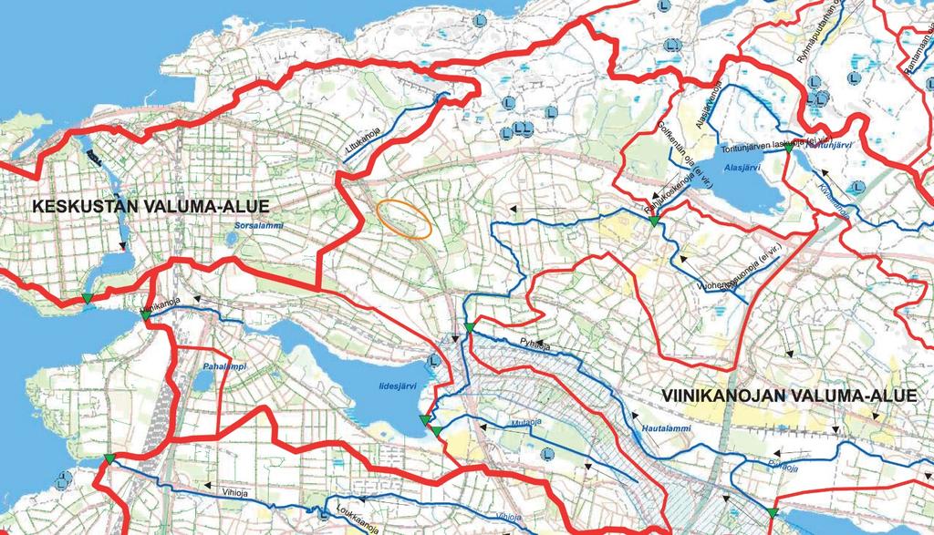 10 Vesistöt Ote Tampereen hulevesiohjelman valuma-aluekartasta. Suunnittelualue rengastettu oranssilla värillä. Hipposkylä kuuluu Viinikanojan valuma-alueeseen.