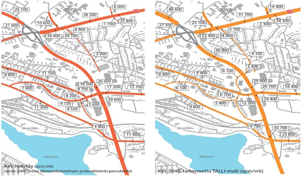 14 Liikenne Katuverkon liikennemäärät kaava-alueen lähiympäristössä. Vasemmalla nykytilanne ja oikealla ennustetilanne vuodelle 2040.