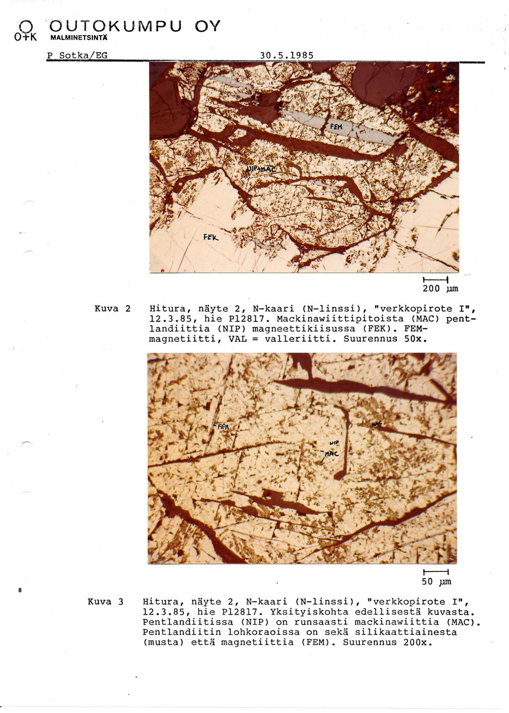 () 'OUTOKUMPU OY OYK t----t 200 J.lll1 Kuva 2 Hitura, näyte 2, N-kaari (N-1inssi), "verkkopirote 1", 12.3.5, hie P1217. Mackinawiittipitoista (MAC) pent- 1andiittia (NIP) magneettikiisussa (FEK).