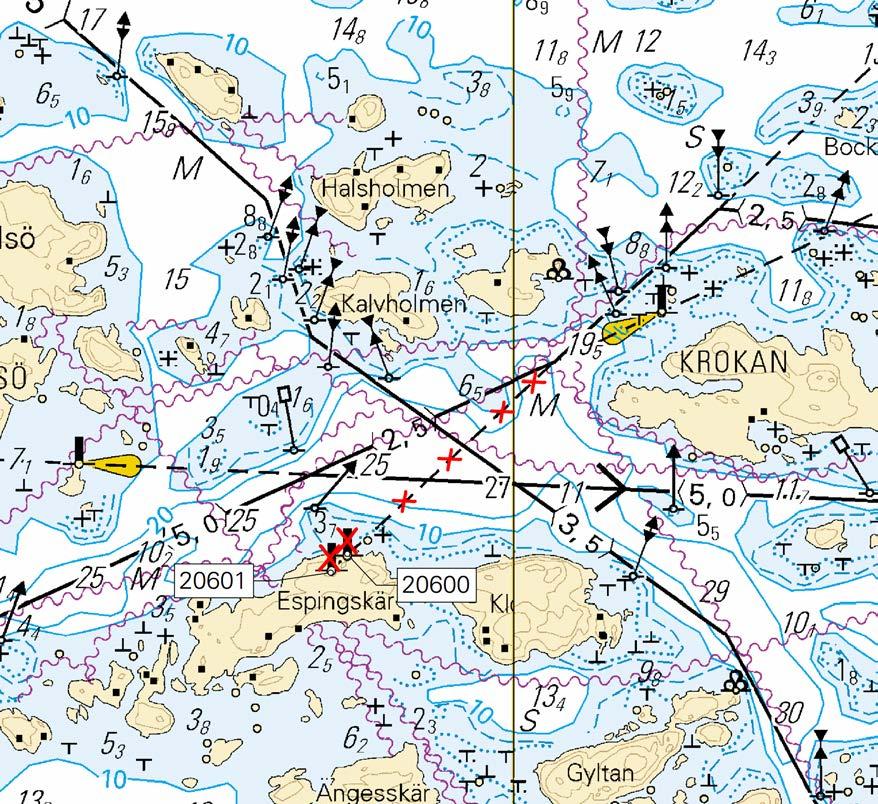 34 Taululinja seuraavien pisteiden väliltä: Enslinje mellan följande positioner: Leading line between the following positions: (1) 59 51.630'N 23 32.618'E (2) 59 52.030'N 23 33.