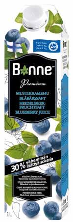 Tuotenumero 3012 Mustikkamehu, 1 L Ainesosat: Lähdevesi, sokeri, mustikkatäysmehutiiviste (luonnonmustikka Suomi), luontainen aromi. Täysmehupitoisuus 15 % 30% vähemmän lisättyä sokeria.