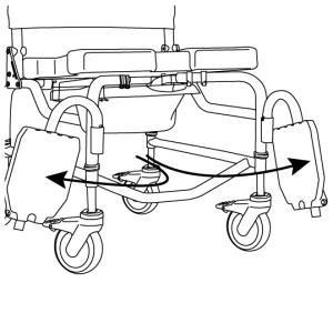 Siirtyminen Raz SP -suihkutuoliin AINA lukitse kaikki neljä pyörää ulospäin (etupyörät eteenpäin/takapyörät taaksepäin) parhaan tuolin vakauden saavuttamiseksi.