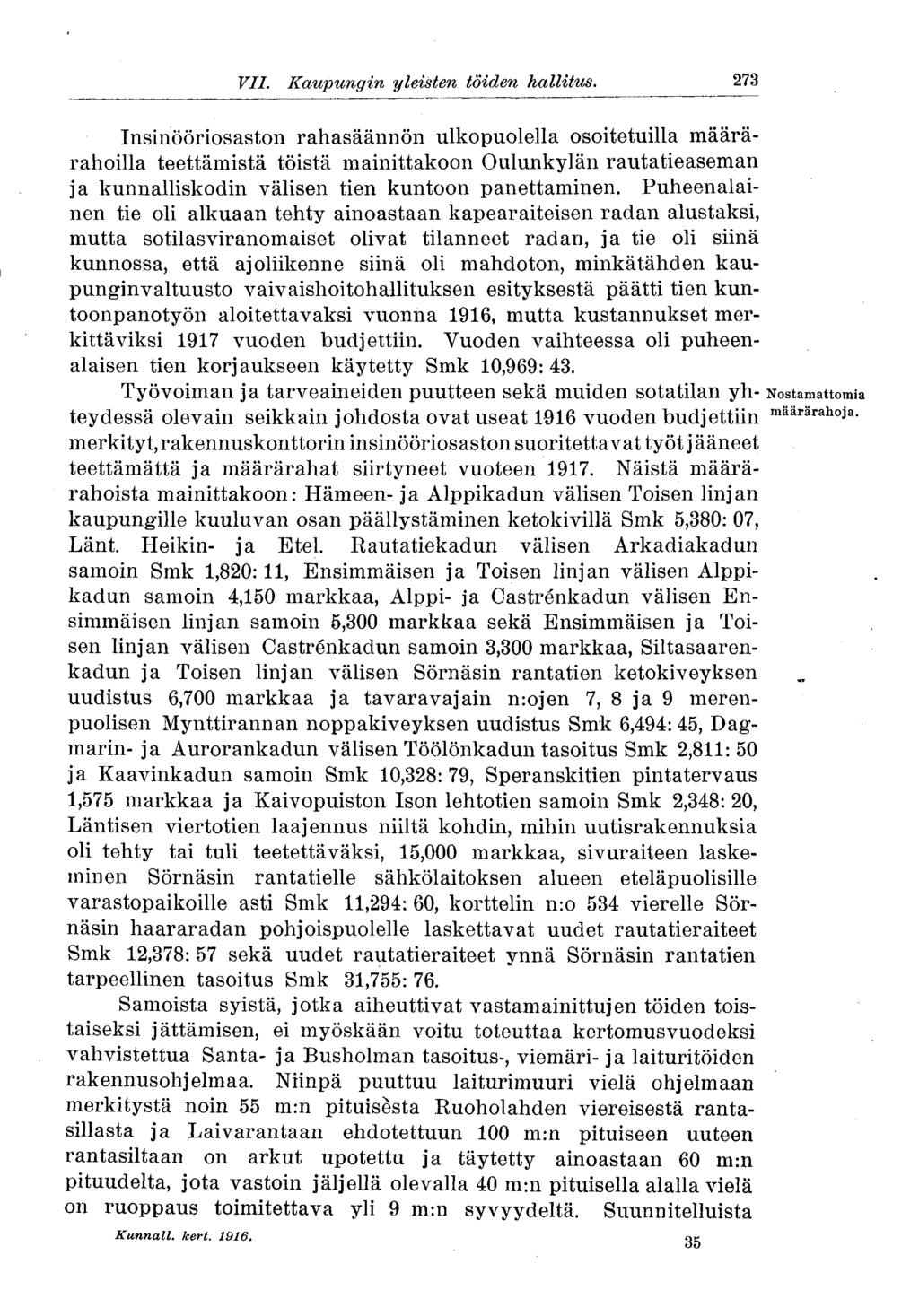 273 VII. Kaupungin yleisten töiden hallitus.