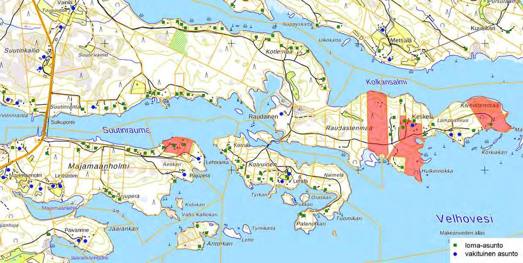 Loma-asunnot ja vakituiset asunnot suunnittelualueella ja sen läheisyydessä. Suunnittelualue punaisella. 5.4.2.