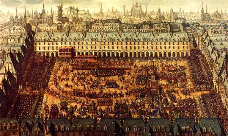 Valtion rakennuttama Place Royale eli Place des Vosgues, 1605 1612, paikka, missä Henrik II oli