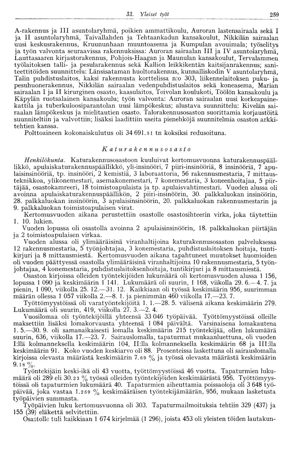 33. Yleiset työt 259 A-rakennus ja III asuntolaryhmä, poikien ammattikoulu, Auroran lastensairaala sekä I ja II asuntolaryhmä, Taivallahden ja Tehtaankadun kansakoulut, Nikkilän sairaalan uusi