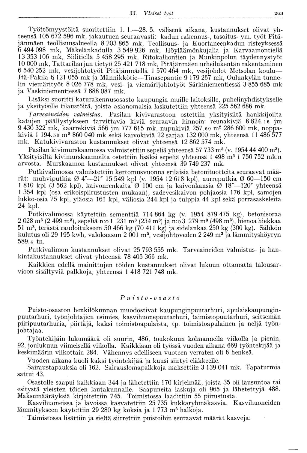 33. Yleiset työt 269 Työttömyystöitä suoritettiin 1. 1. 28. 5. välisenä aikana, kustannukset olivat yhteensä 105 672 596 mk, jakautuen seuraavasti: kadun rakennus-, tasoitus- ym.