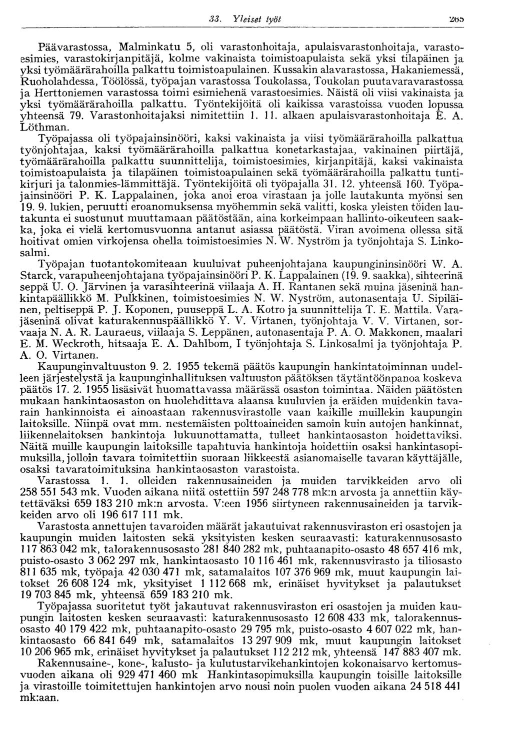 33. Yleiset työt 271 Pää varastossa, Malminkatu 5, oli varastonhoitaja, apulaisvarastonhoitaja, varastoesimies, varastokirjanpitäjä, kolme vakinaista toimistoapulaista sekä yksi tilapäinen ja yksi