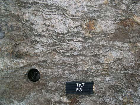 31 S 1 S 2B F 2A A B Figure 2.2-2. Skarn inclusions with S1 foliation folded by isoclinal F 2A fold. Ol-TK7, section P3 B). S 2B foliation defined by biotite melanosome.