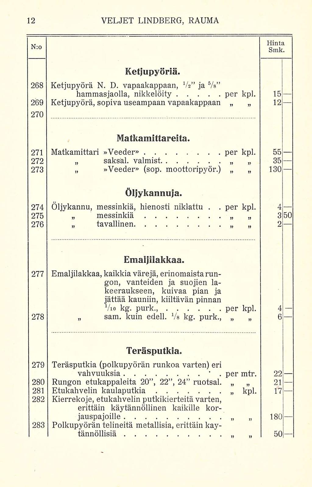 per per tl t N:0 Hinta Smk Ketjupyöriä 268 Ketjupyörä N D vapaakappaan, Va ja 5 /s hammasjaolla, nikkelöity per kpl 15 269 Ketjupyörä, sopiva useampaan vapaakappaan 270 12 130 Matkamittareita 271