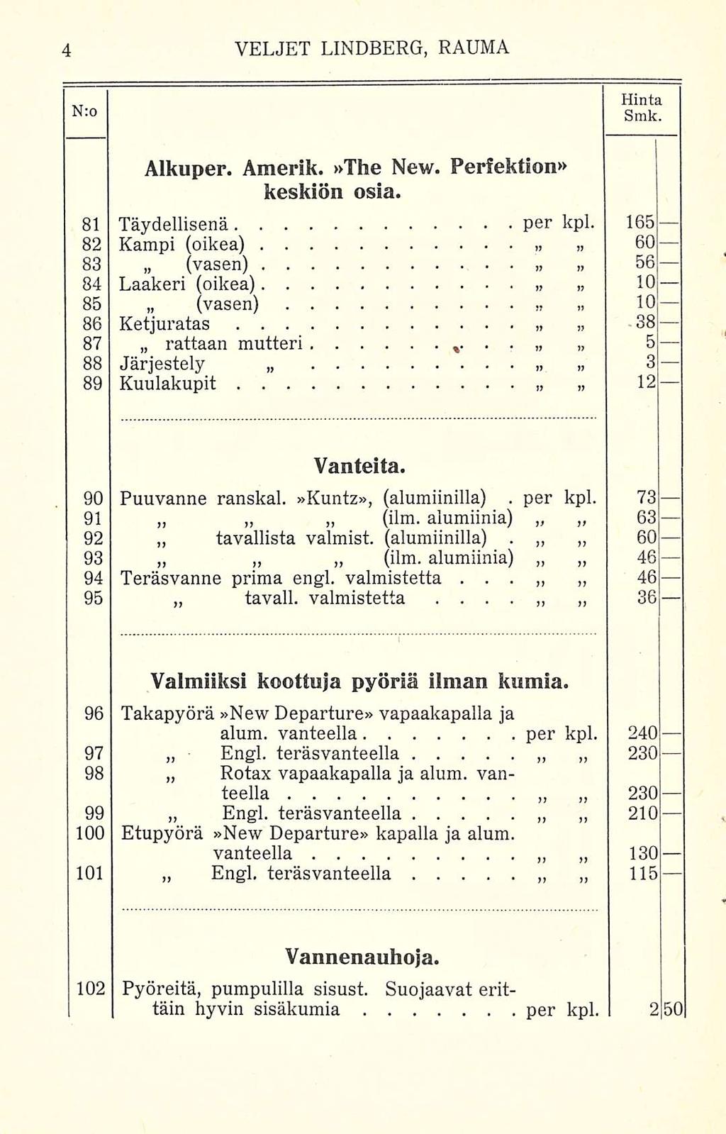 per N:o Hinta Smk Alkuper Amerik»The New Perfektien» keskiön osia 81 Täydellisenä per kpl 165 82 Kampi (oikea)» 60 83 (vasen) 56 84 Laakeri (oikea) 10 85 (vasen)» 10 86 Ketjuratas 38» 87 rattaan