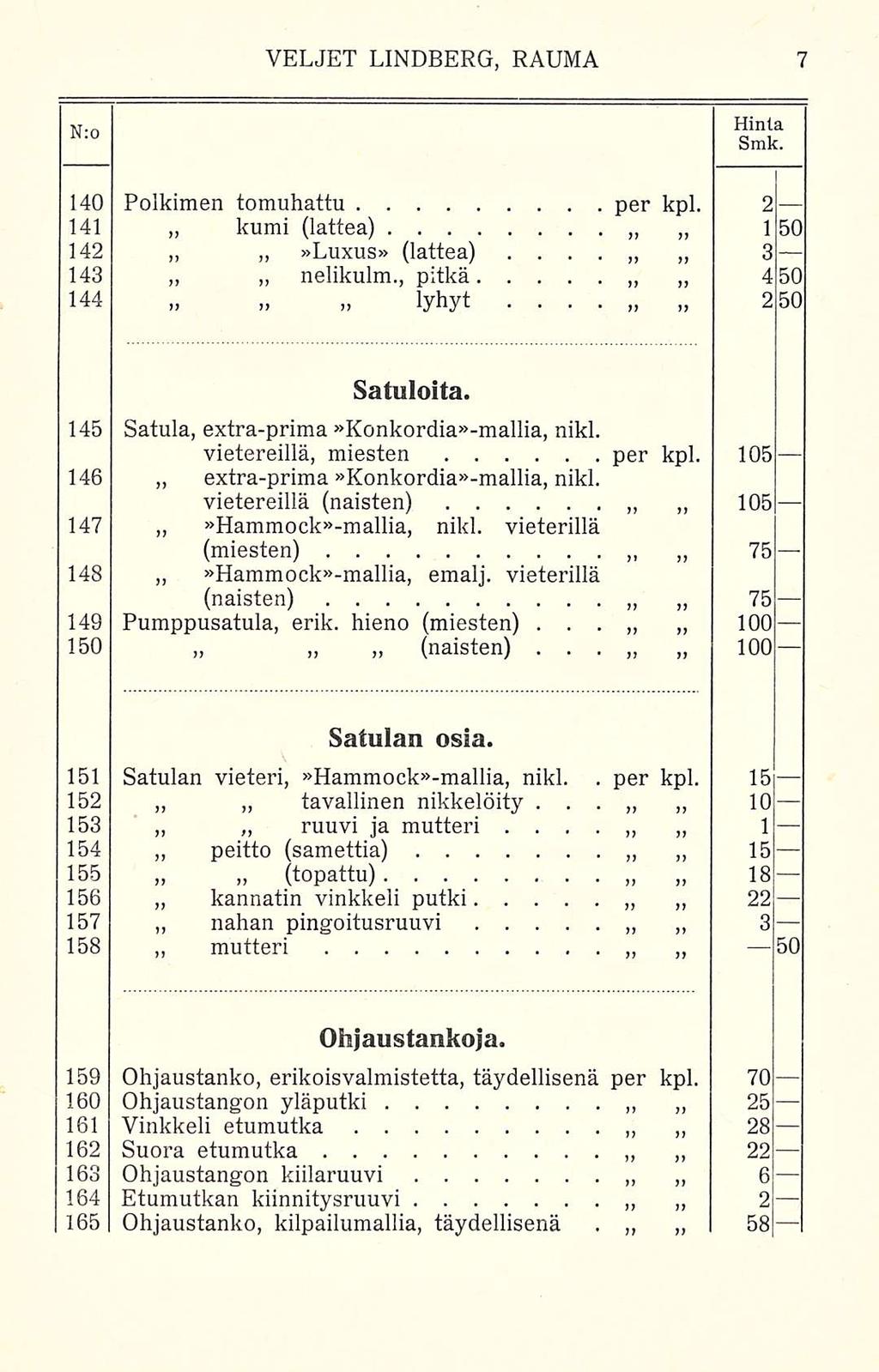 per N:o Hinta Smk 150 450 140 Polkimen tomuhattu per kpl 2 141 kumi (lattea) 142»Luxus» (lattea) 143 nelikulm, pitkä 144 lyhyt 3 250 Satuloita 145 Satula, extra-prima»konkordia»-mallia, nikl