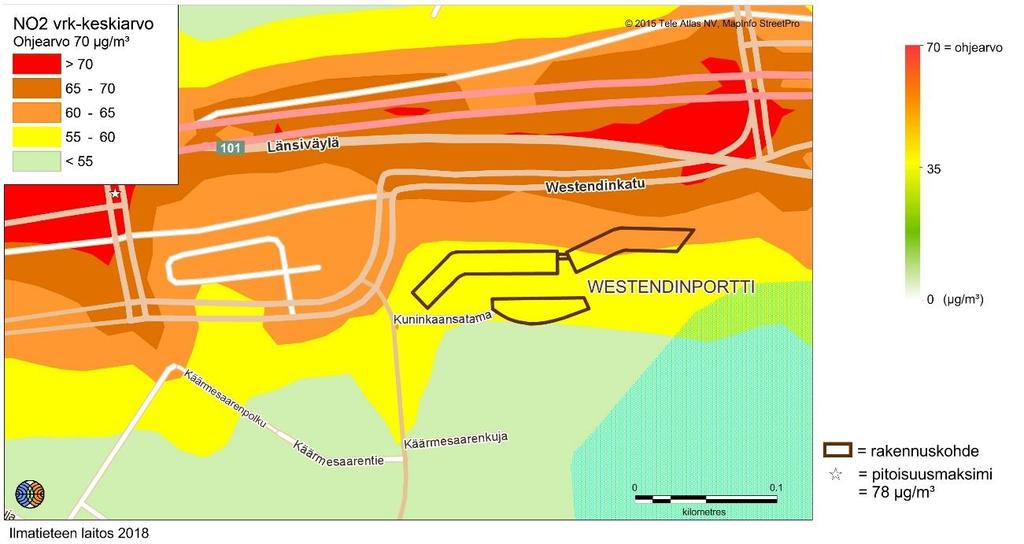 2 Pienhiukkaspitoisuudet Suunnitellun Westendinportin asuinrakennuksen raittiinilmanottojen kohdille mallinnetut korkeimmat