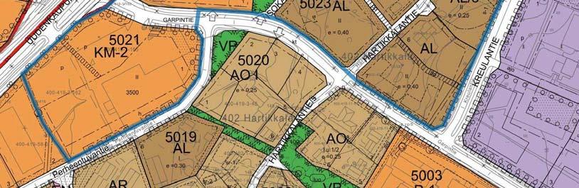 Tehokkuusluku e=0,40, kerrosluku II, autopaikkamitoitus: 1ap/60 m². - AL: Asuin-, liike- ja toimistorakennusten korttelialue. - /s: Alue, jolla ympäristö säilytetään. - VL: Lähivirkistysalue.