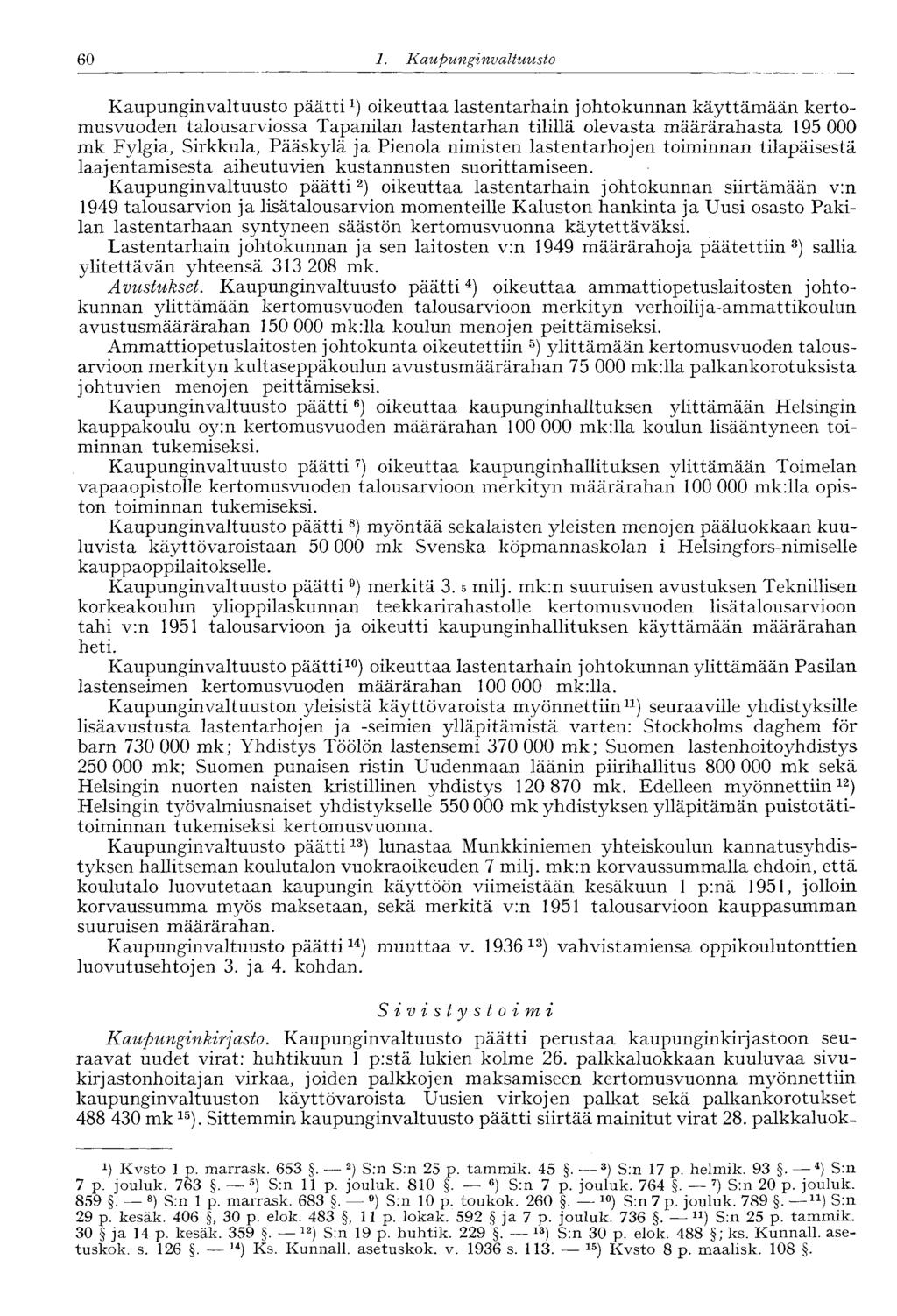60 1. Kaupunginvaltuusto Kaupunginvaltuusto päätti 1 ) oikeuttaa lastentarhain johtokunnan käyttämään kertomusvuoden talousarviossa Tapanilan lastentarhan tilillä olevasta määrärahasta 195 000 mk