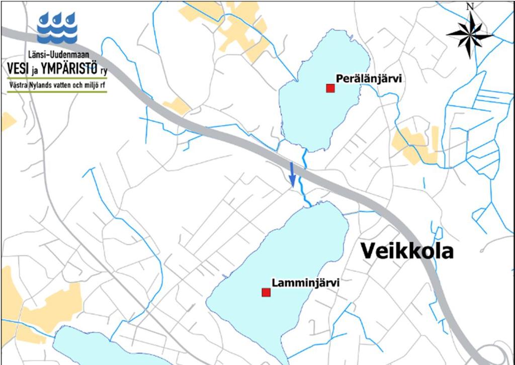 Kuva 1.Perälänjärven, Lamminjärven ja Kaljärven pohjaeläintutkimuksen havaintopaikat.