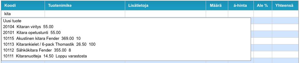 10! (! 50) 2.3. Tuotteiden syöttäminen laskulle Kun olet saanut kaikki tarvittavat laskun tiedot täytettyä, voit alkaa täyttämään laskutettavia tuotteita.