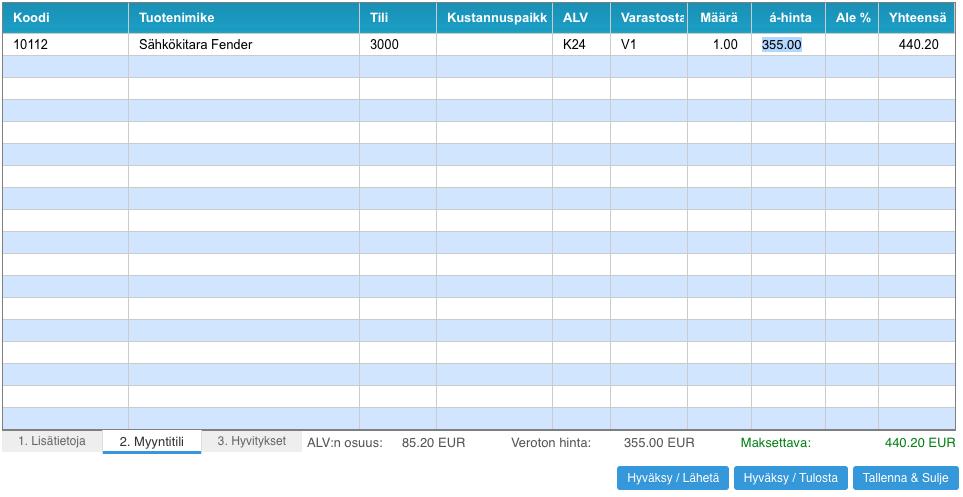 11! (! 50) 2.5. ALV:n käsittely laskuilla ALV:n käsittely Eebussa tapahtuu ALV-koodien avulla. Saat ALV-koodit näkyviin laskulla, kun valitset tuoteluettelon vasemmasta alareunasta välilehden 2.