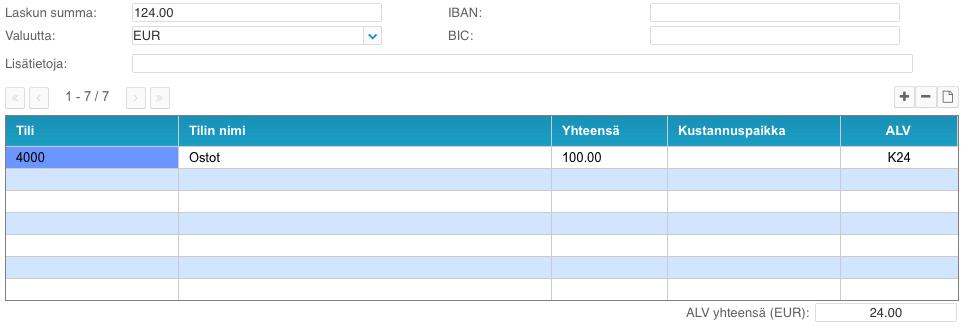 39! (! 50) 7.3. Ostolaskurivien syöttäminen Kun olet saanut kaikki tarvittavat laskun tiedot täytettyä, voit alkaa täyttämään ostolaskun rivejä.