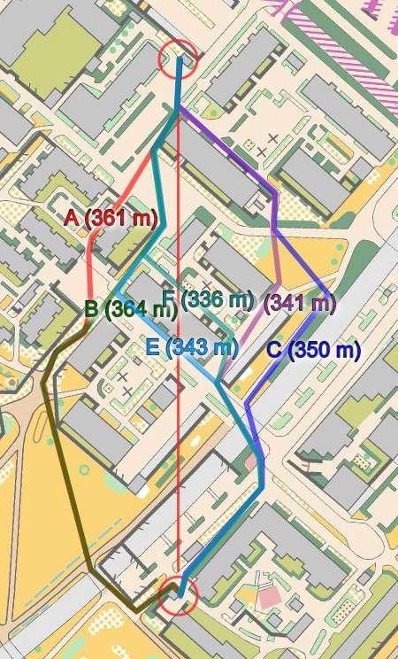 Rata A / 8-9 Soittajantorin läpijuoksu Kolme valintaa, vasen (A ja B) putoavat heti pois, koska koiraihmiset eivät ole ehtineet talloa