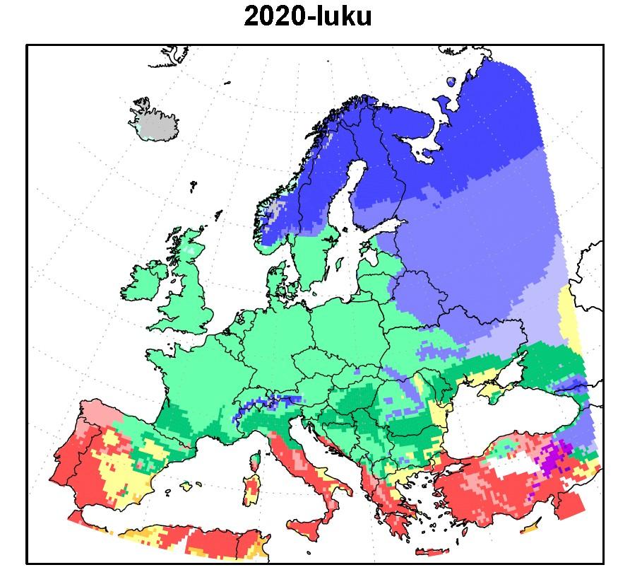 Ilmastovyöhykkeet 2020-luku (Gt C/vuosi) Päästöskenaario A1B Polaari-ilmastot Tundrailmasto Kylmätalviset ilmastot Sateita läpi vuoden Kuivat kesät Leutotalviset ilmastot Sateita läpi vuoden