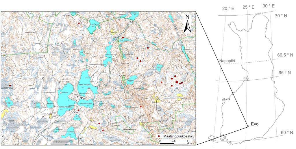 2 AINEISTOT JA MENETELMÄT 2.1 Tutkimuksessa käytettävät aineistot 2.1.1 Tutkimusalue Tutkimusalue sijaitsee Hämeenlinnassa Evon retkeilyalueella (kuva 1), jonne on perustettu 91 metsikkökoealaa vuonna 2014.