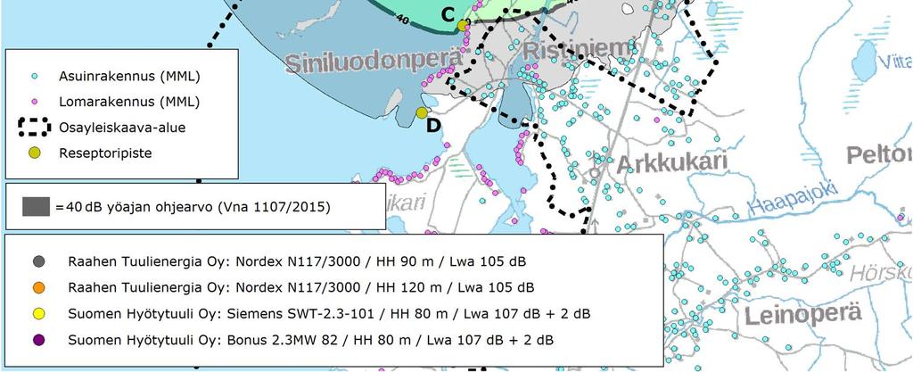 Ympäristön asuin- ja lomarakennuksia ei huomioitu mallissa.